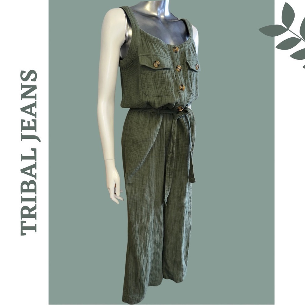 Tribal Crinkle Gauze Jumpsuit Button Front Tie Waist Fern Green Size XS - Picture 5 of 9